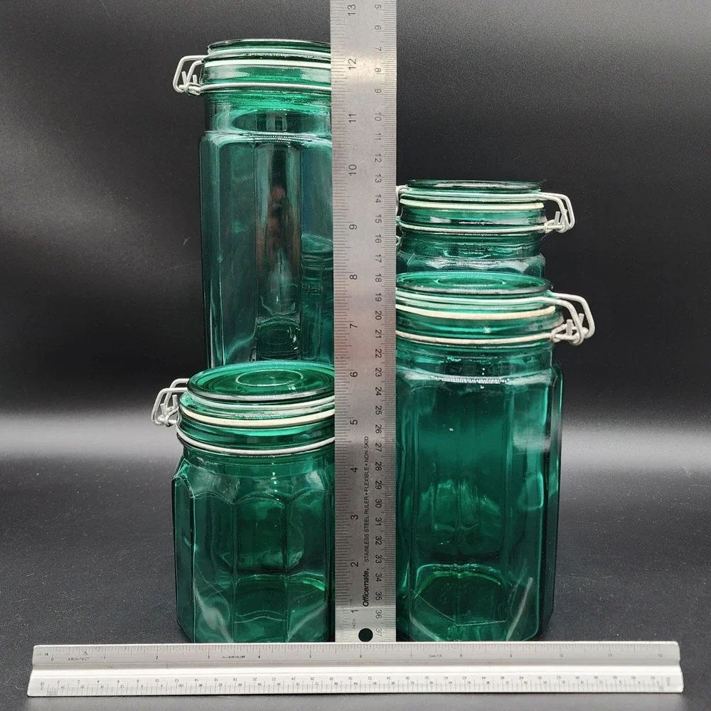 Unbranded Set of 4 Green Glass Octagonal Canisters Wire Bail Lids Vintage Style